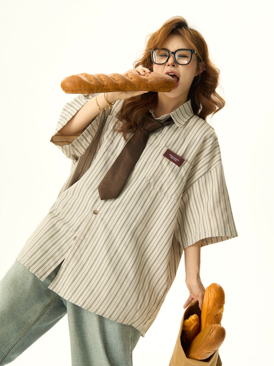 【ネクタイ別売り】Retro Vertical Stripe Short-sleeved Shirt HG7036