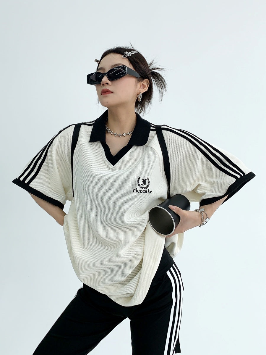 V-neck Three-bar Embroidery Short Sleeve T-shirt MW9046