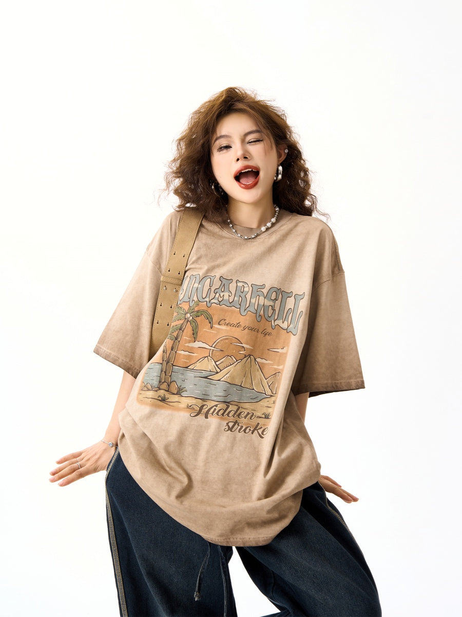 Distressed Landscape Print Short Sleeve T-shirt HG7144