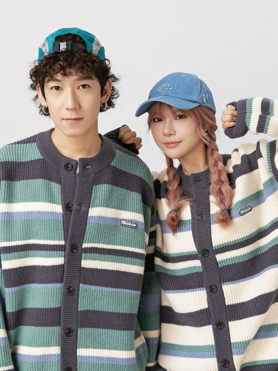 College Style Multi Border Round Neck Knitted Cardigan MY8316