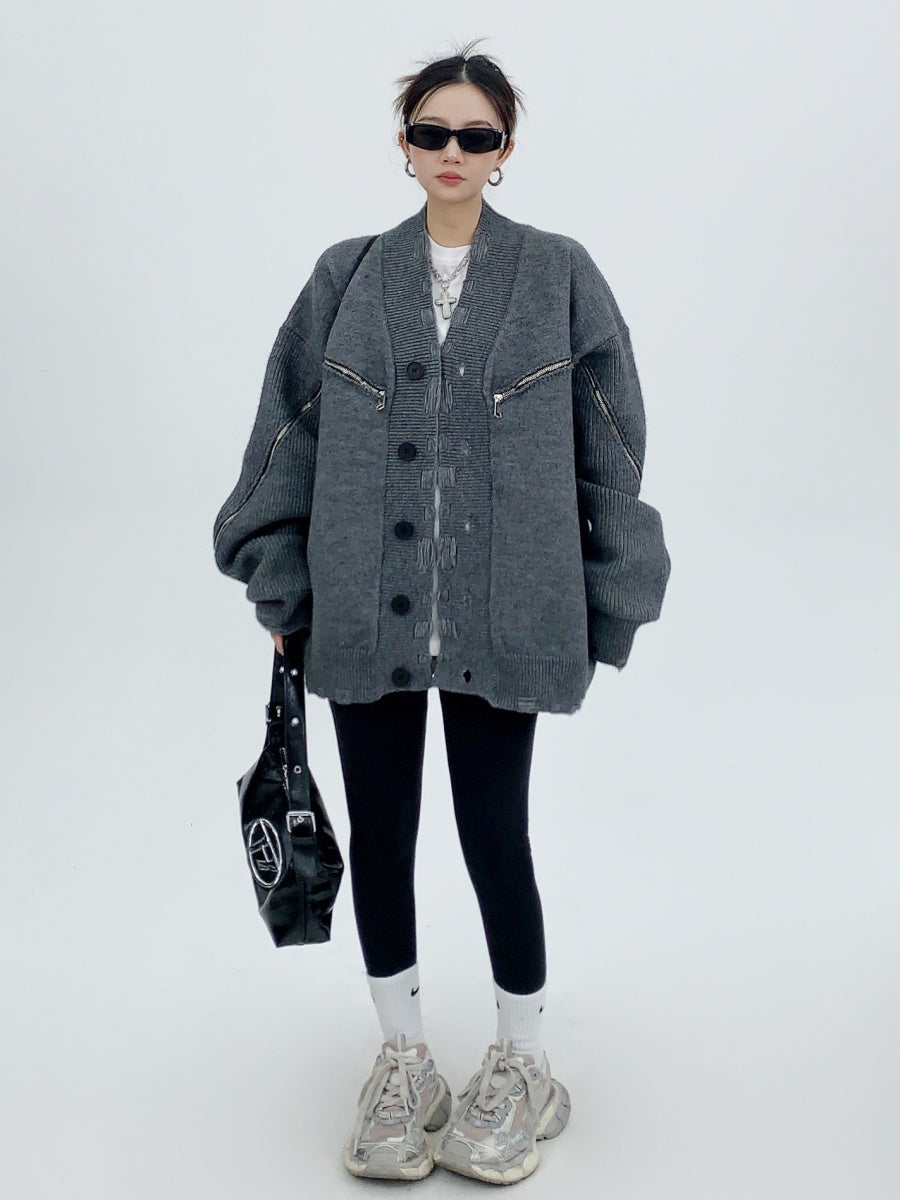 Zipper Design Loose Knitted Cardigan MW9045