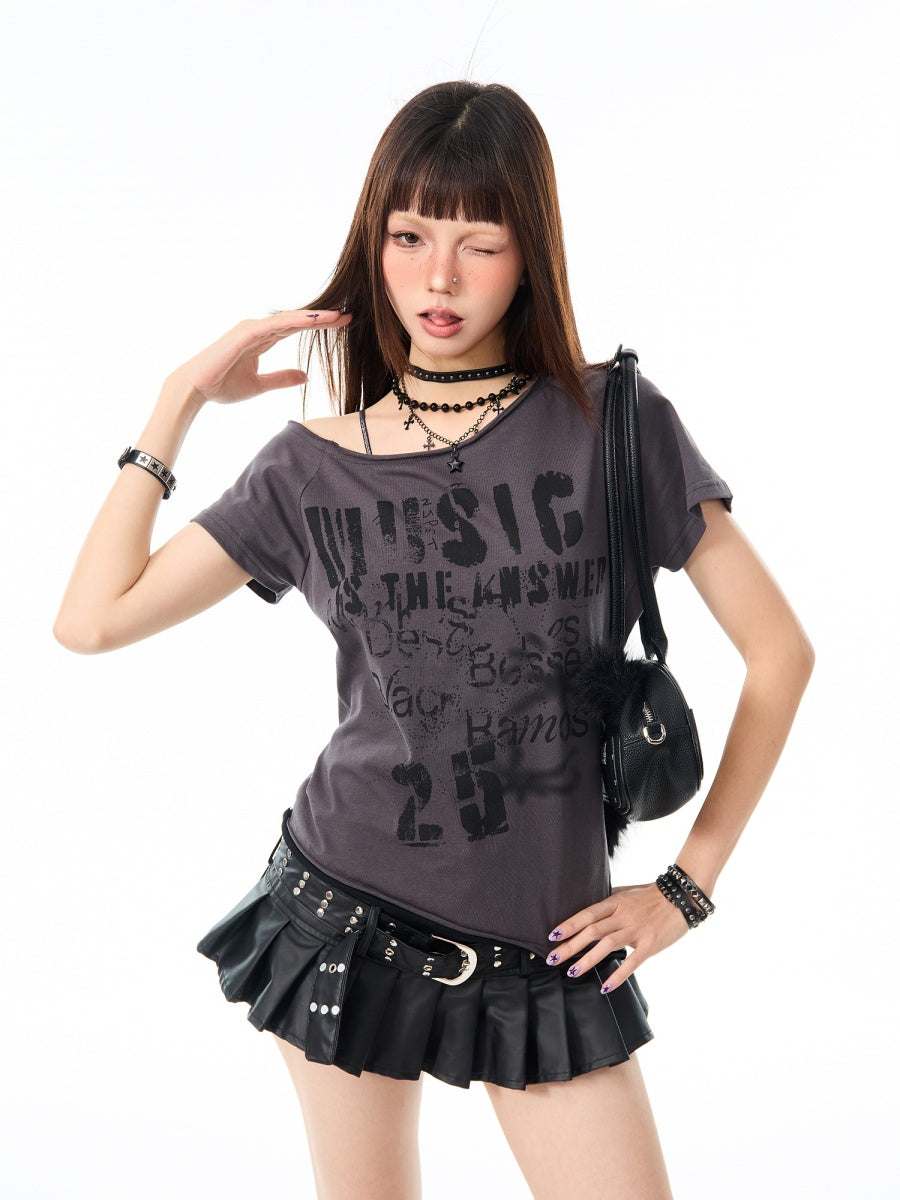 Y2K Letter Slanted Shoulders Short T-shirt MW10097