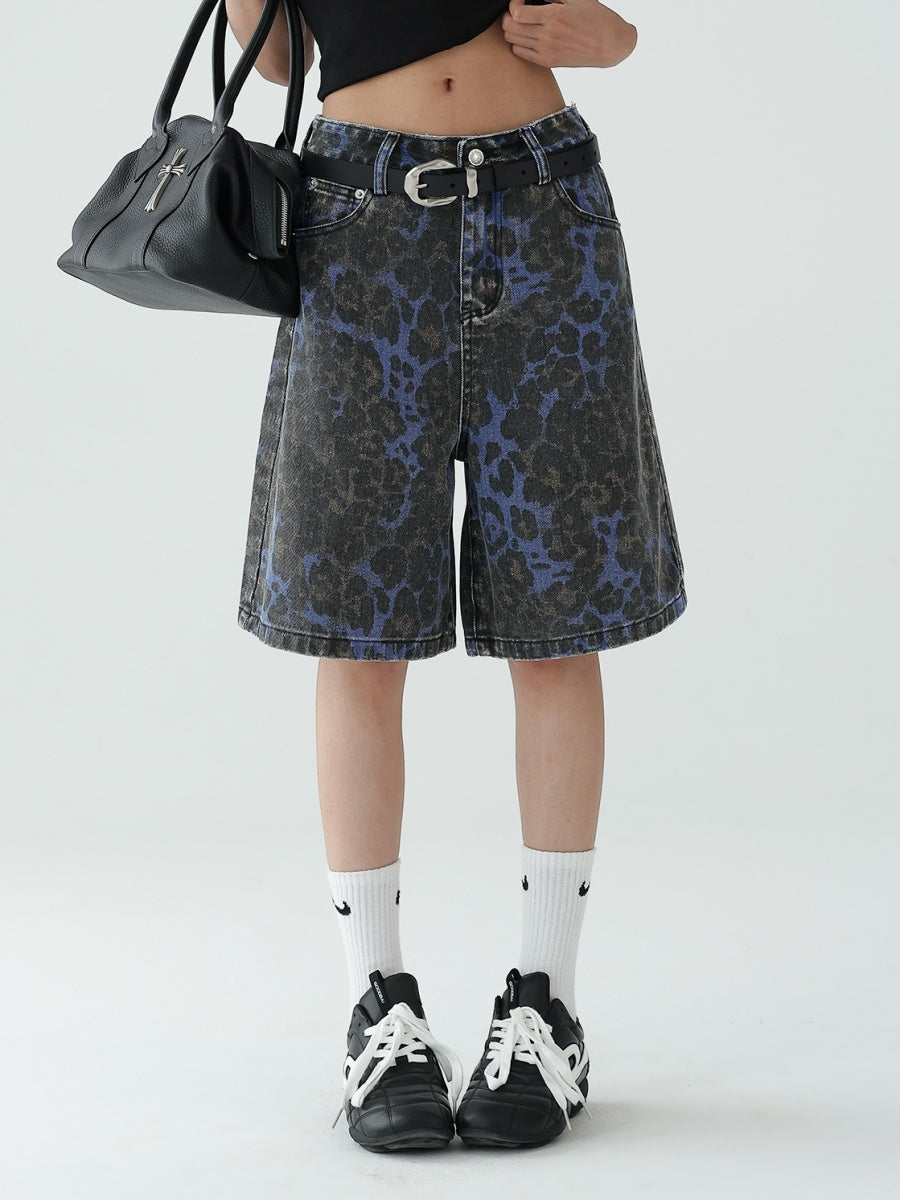 Leopard Print Wash Denim Loose Short Pants AC7107