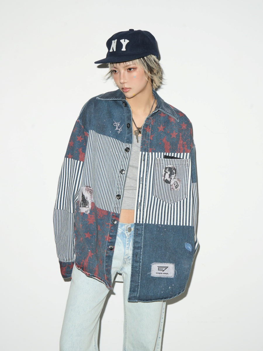 Washed Patchwork Striped Denim Shirt Jacket MN9002