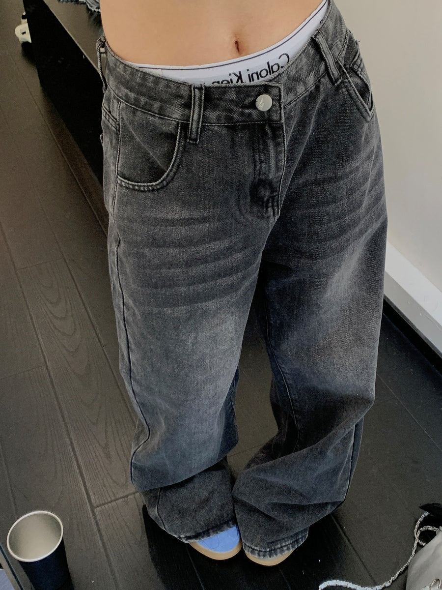 Distressed Whisker Loose Straight Wide-leg Jeans MW9240