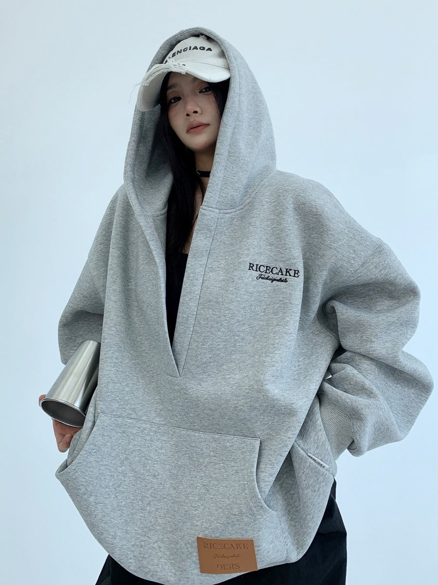 Lazy Loose Embroidered Large V-neck Hooded Sweat MW9350