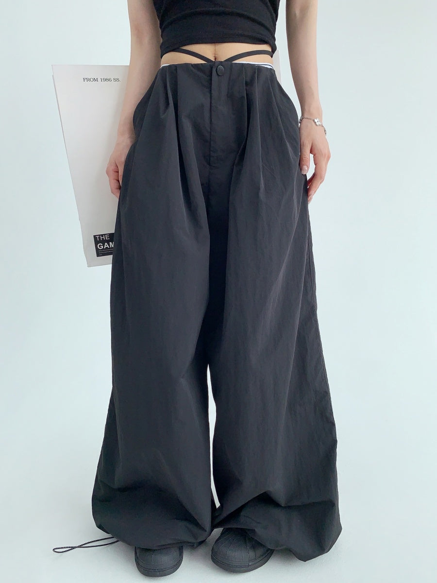 Strap Waist Wide-Leg Drawstring Pants MW9128