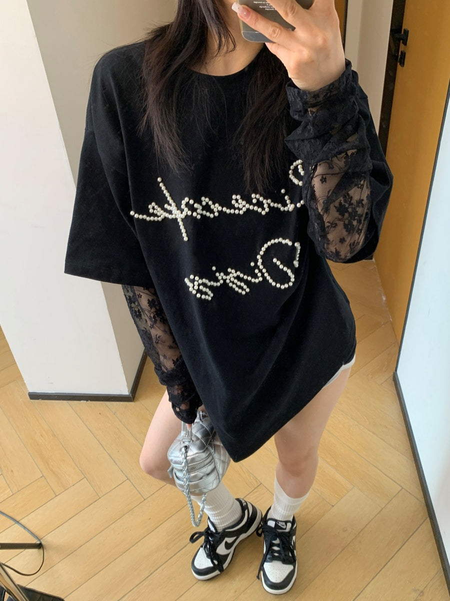 Fake Layered Lace Sleeve Beaded T-shirt MW10071