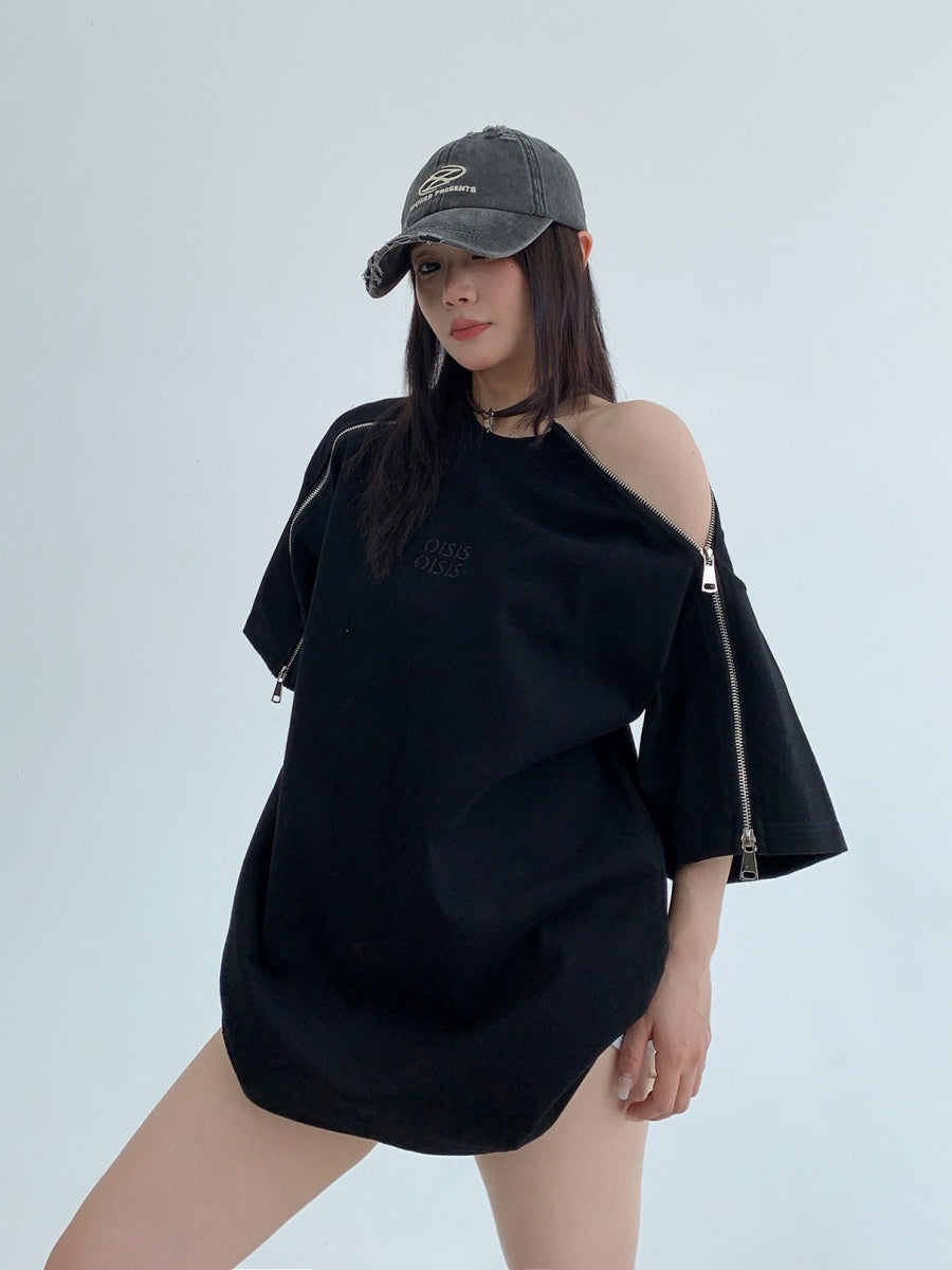 Zipper Design Embroidery T-Shirt MW10070