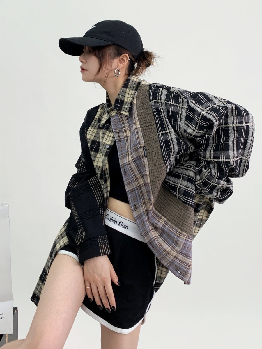 Polo Collar Loose Patchwork Plaid Shirt MW9032
