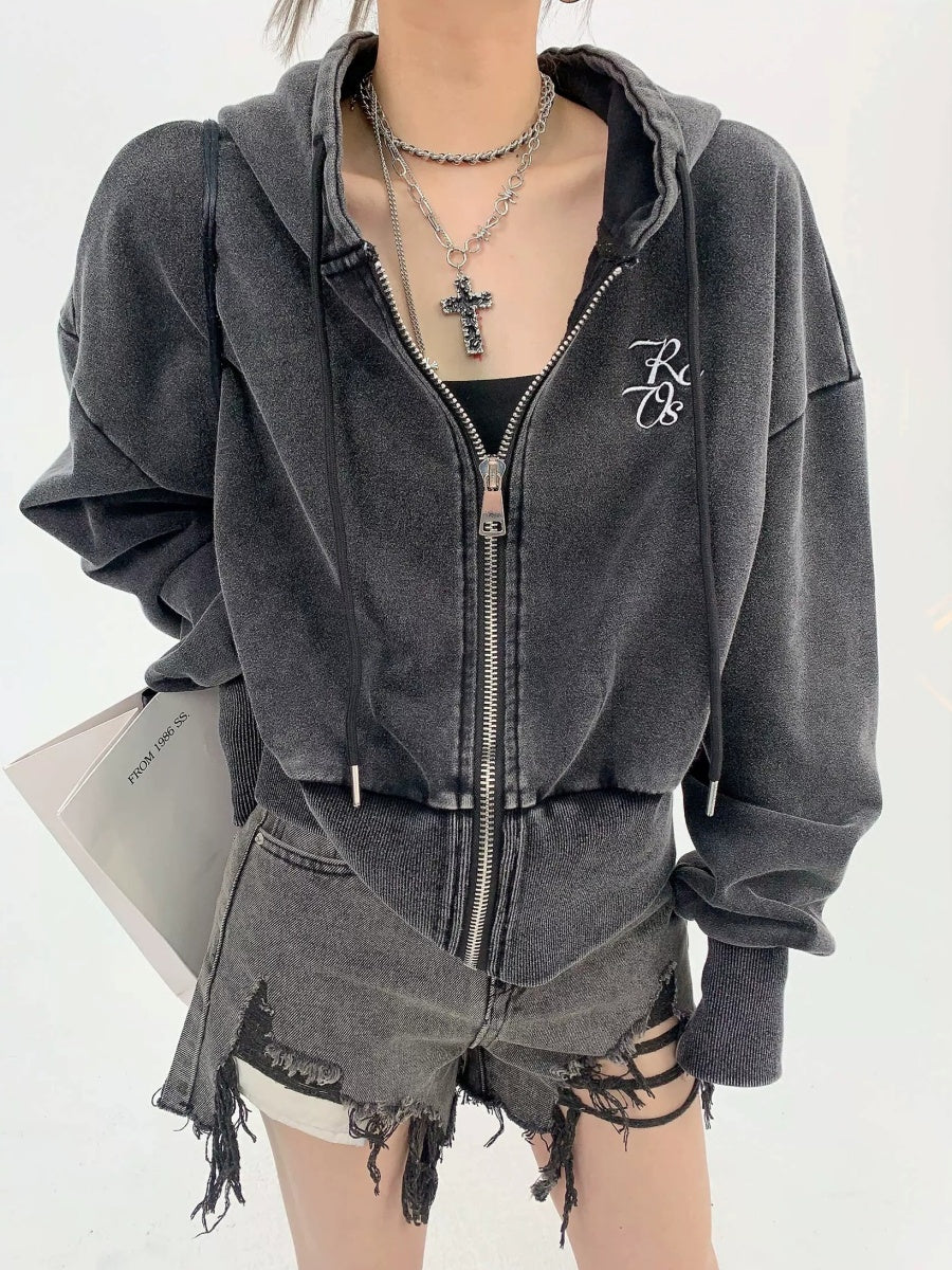 embroidery washed hooded zip-up short sweat MW9022