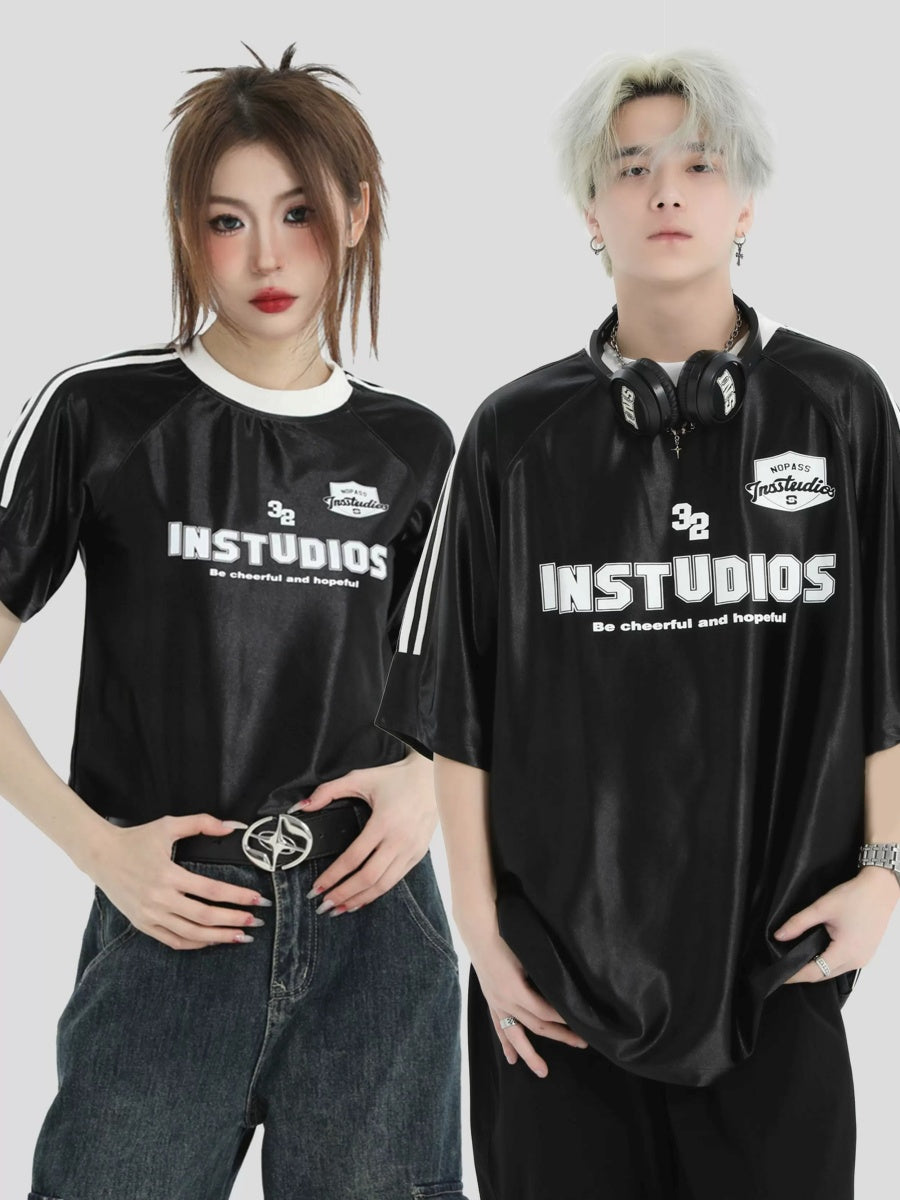 2Length Glossy Three-Bar Raglan Striped T-Shirt MW9116