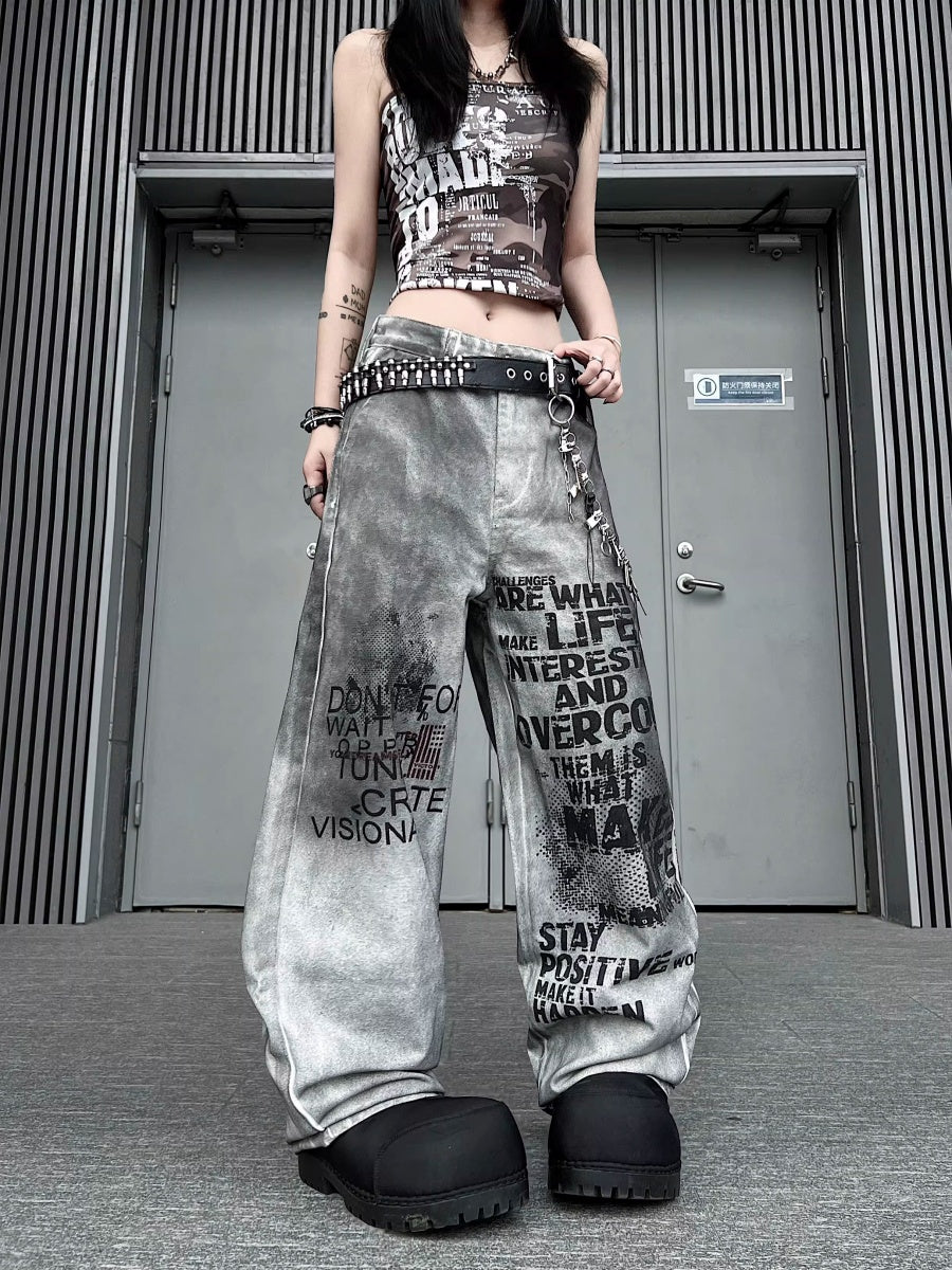Stained Letter Star Graffiti Print Wide-leg Pants MW10355