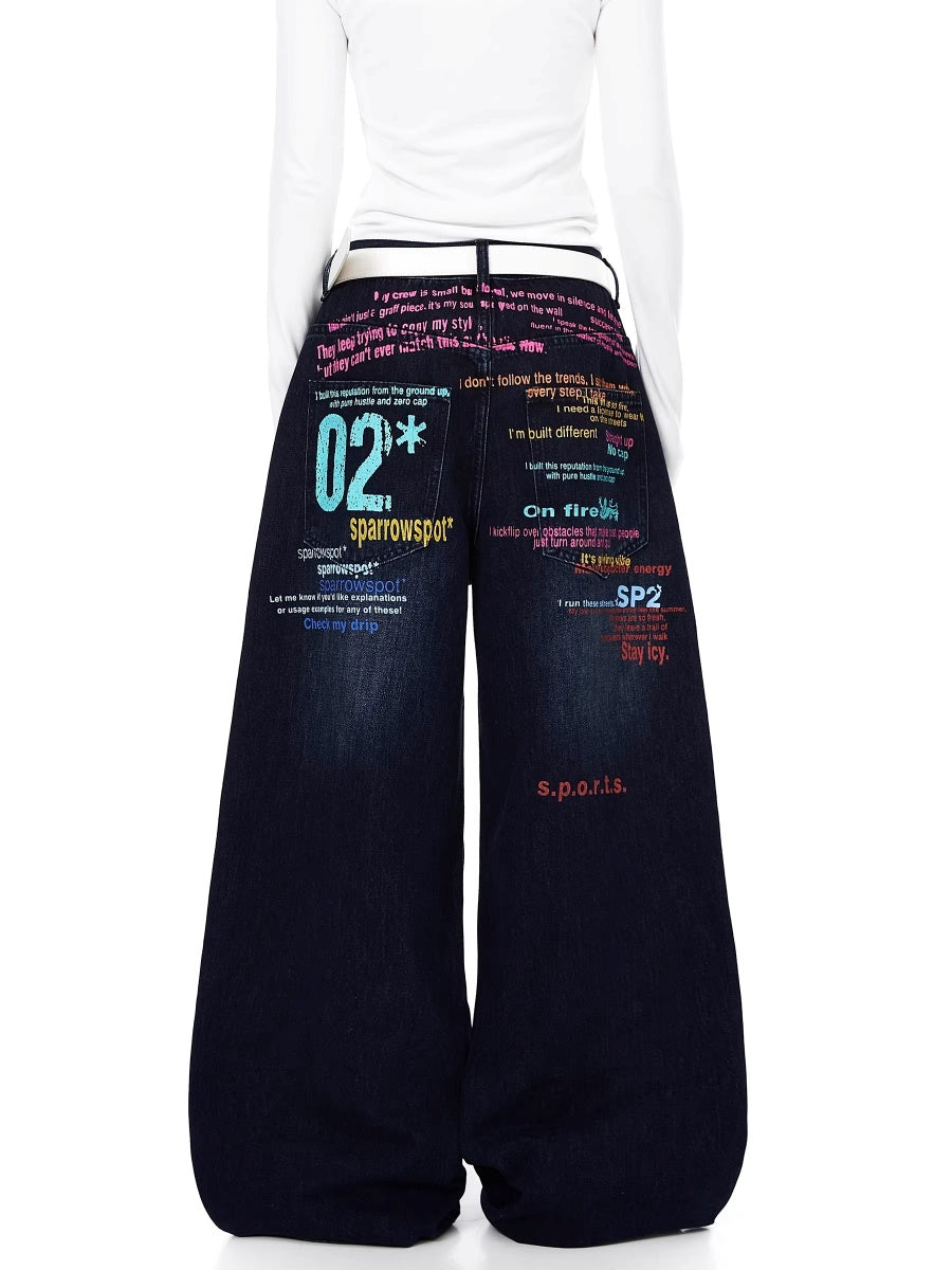 Graffiti Color Letter Print Buggy Jeans BK7070