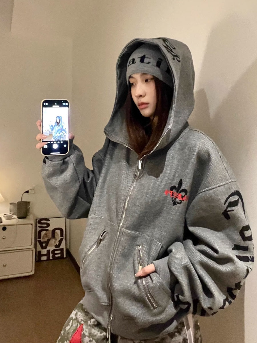 Gothic Letter Zipper Hooded Parka MW10354