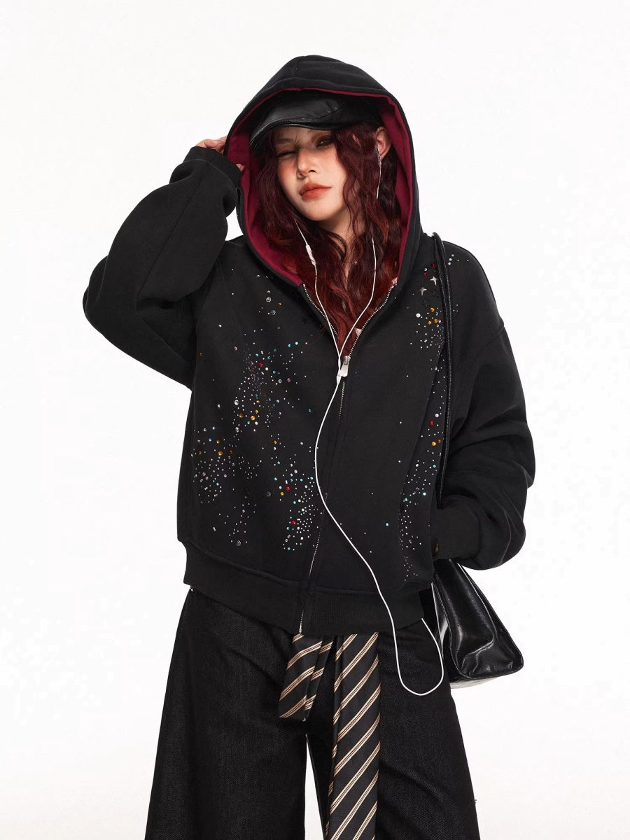 Rhinestone Design Zip Sweat Hoodie Jacket MW10314