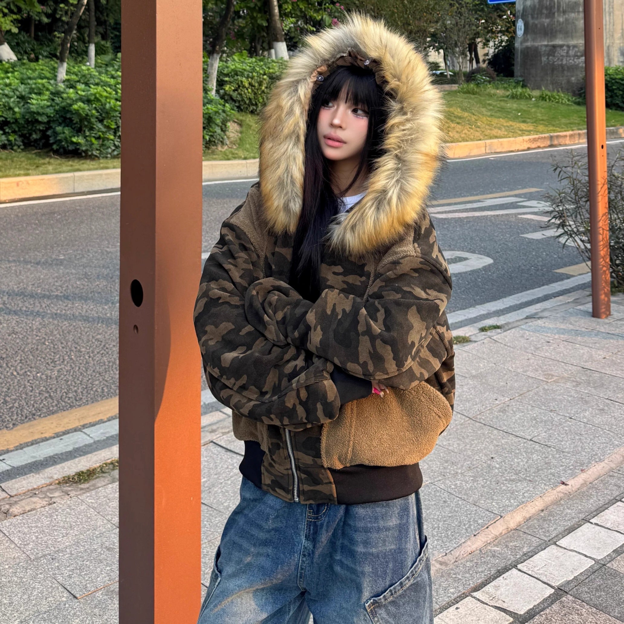 Camouflage Patchwork Fur Collar Hooded Jacket MW10312