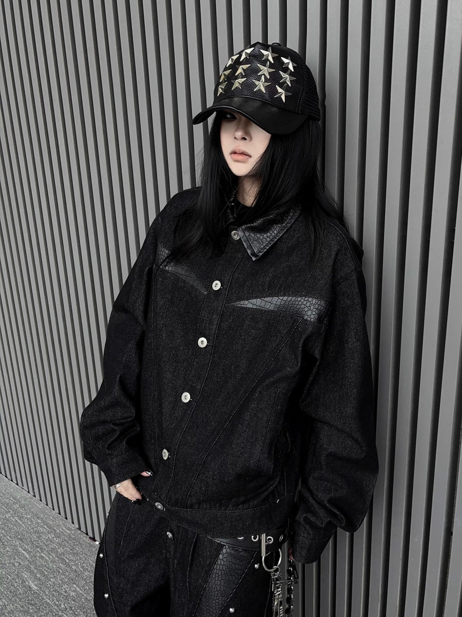 Leather Patchwork Black Denim Jacket MW10344