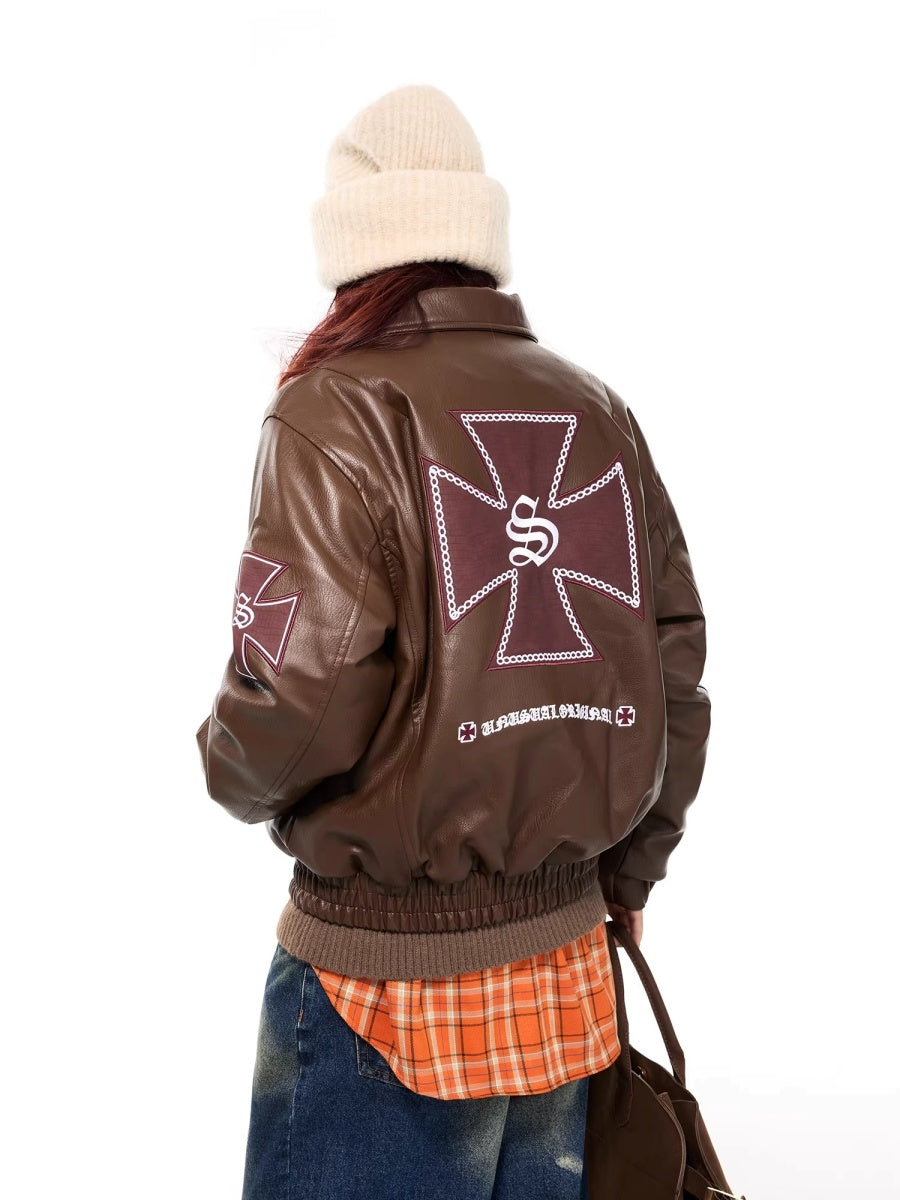 Cross Embroidery PU Leather Jacket MW10307