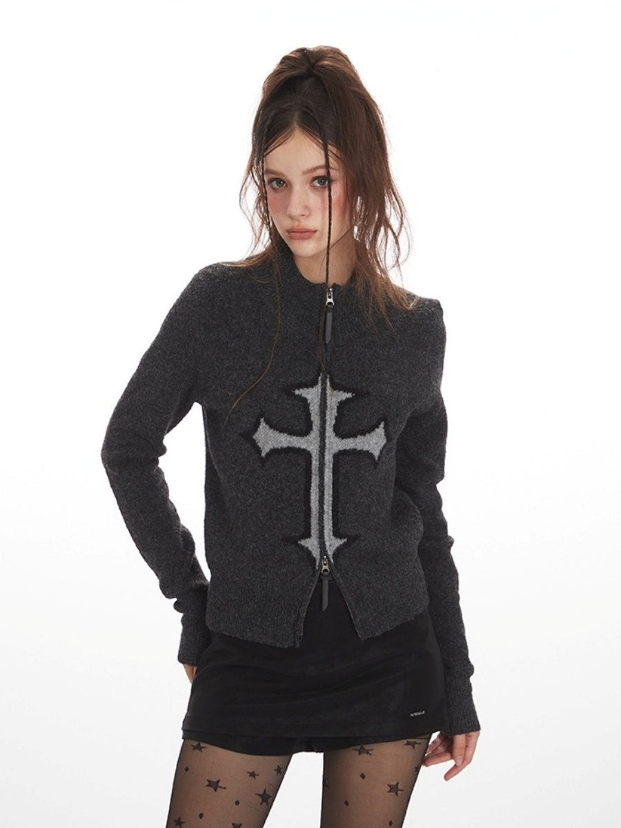 Cross Jacquard Short Knit Zip Cardigan NR7011