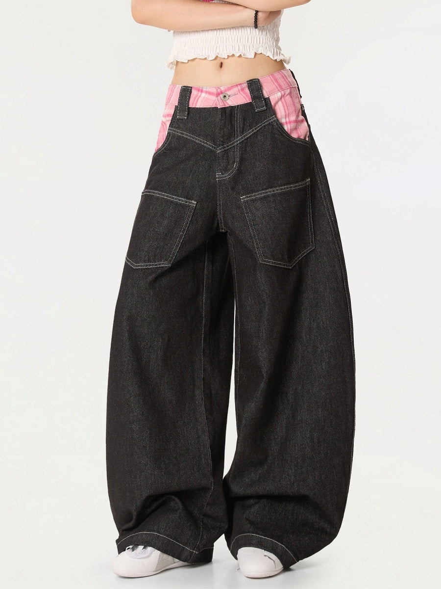 Check-panelled Curve Buggy Jeans MW10234