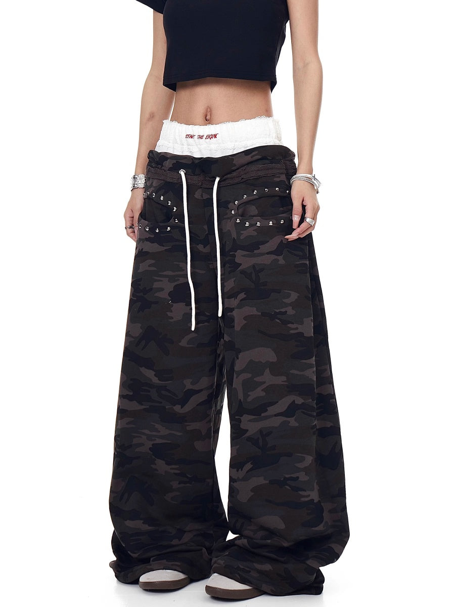 Lace Stitching Double Waist Camouflage Pants MW10203