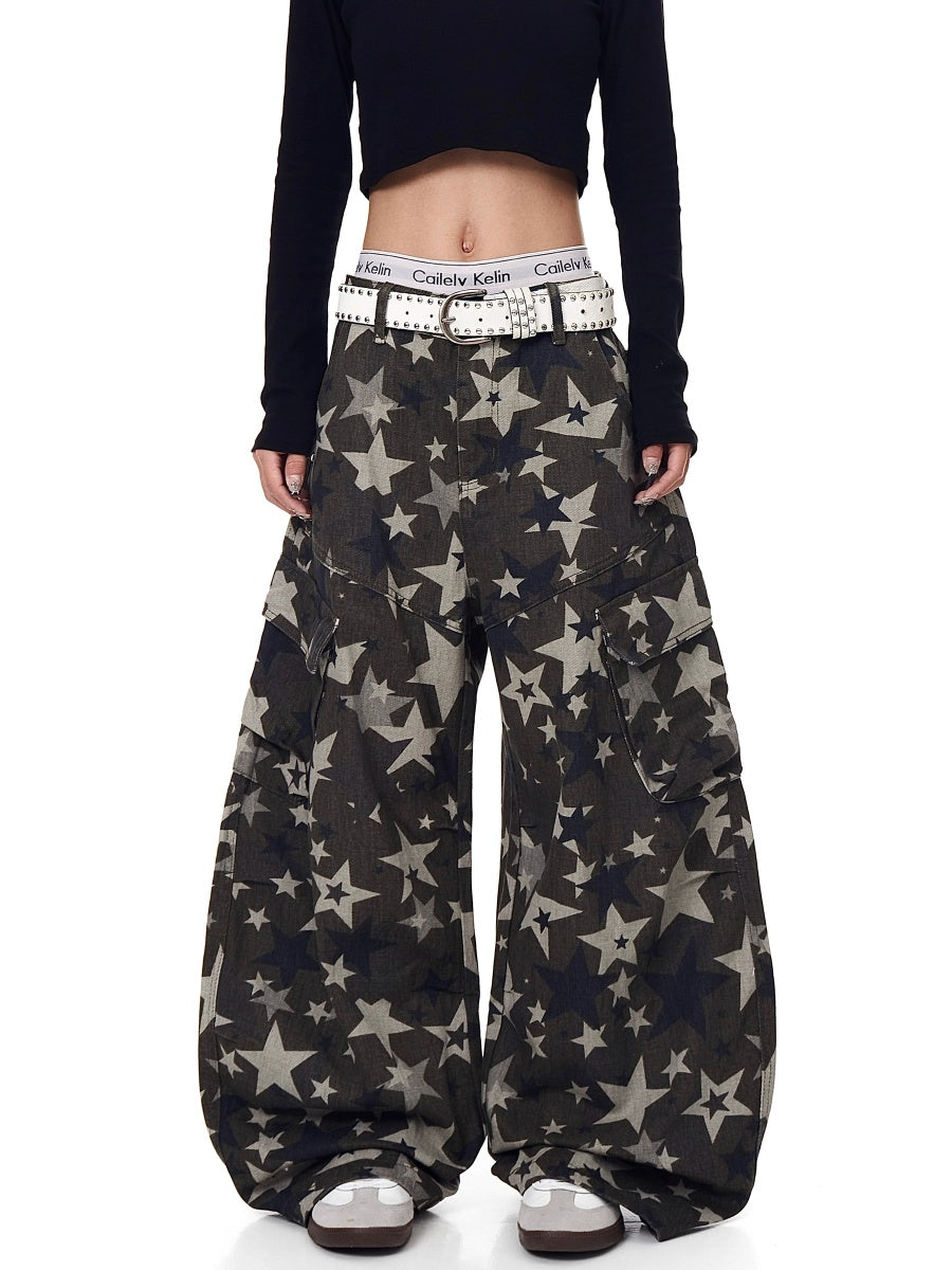 Star Camouflage Wide-Leg Cargo Curve Pants MW10274