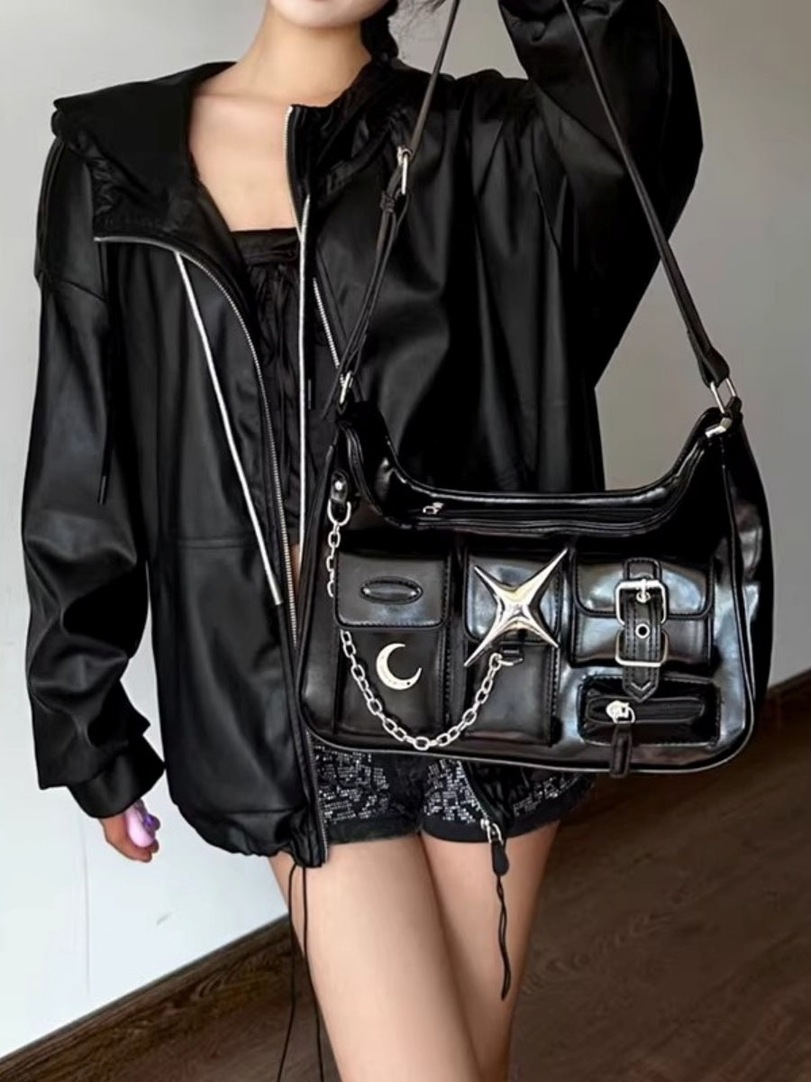 Metal Star & Chain Multi Pocket Shoulder Bag MW10310