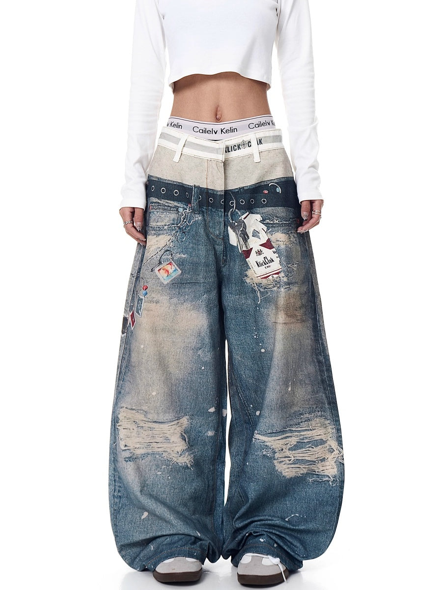 3D Printing Double Waist Distressed Loose Jeans BK7003