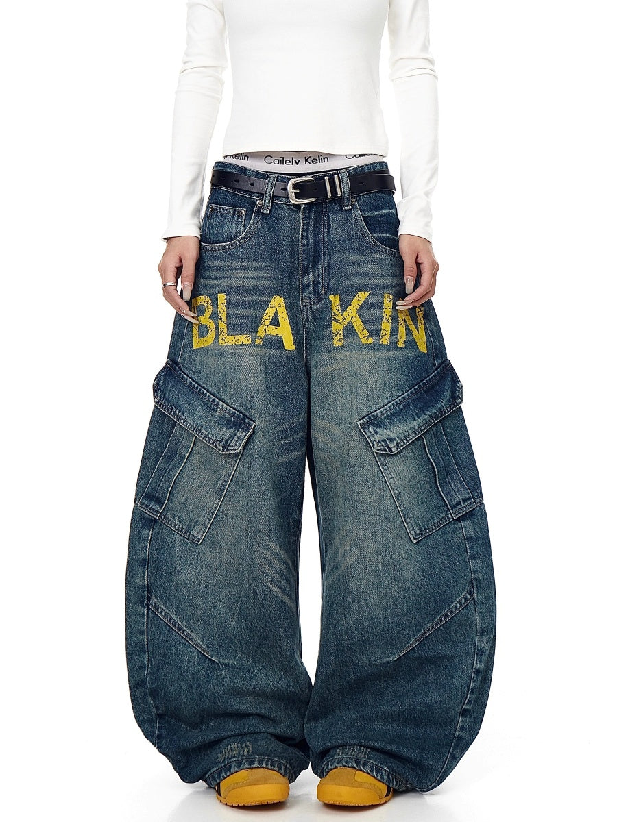 Monogram Print Vintage Scimitar Cargo Jeans BK7034
