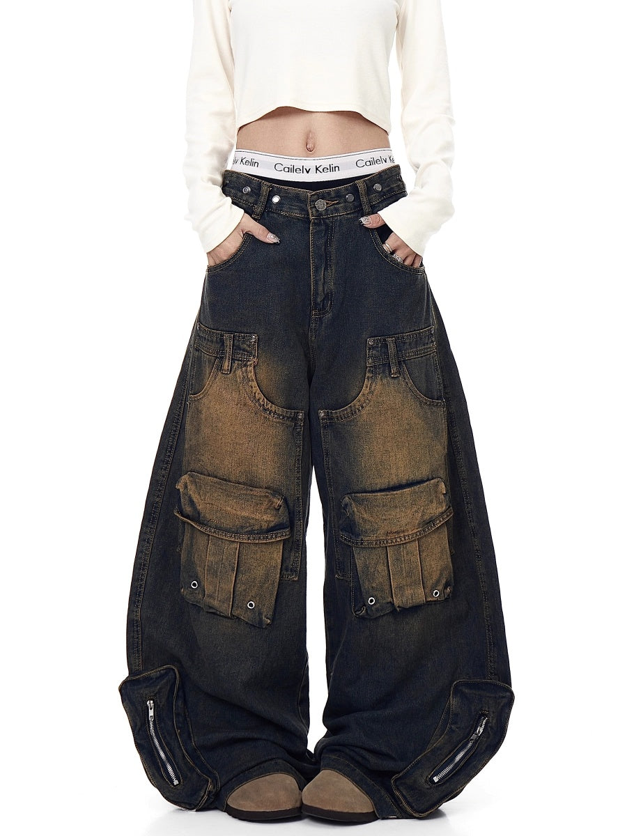 Deconstructed Multi-Pocket Damage Wide Jeans BK7004