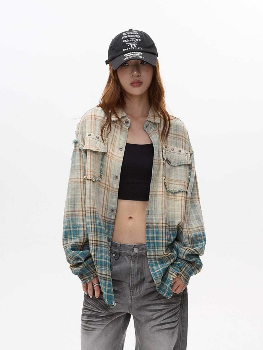 Washed Gradation Raw Plaid Shirt MW10323