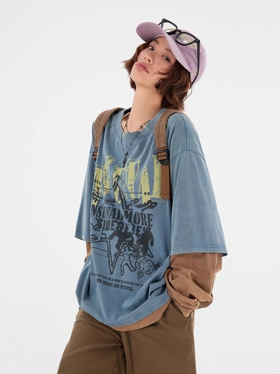 Graffiti Print Fake Layered Long-sleeved T-shirts MW10241