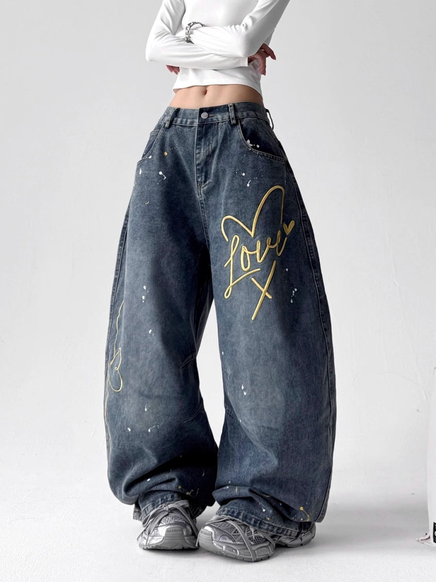 Ink-splashed Heart Embroidered Loose Jeans MW10226