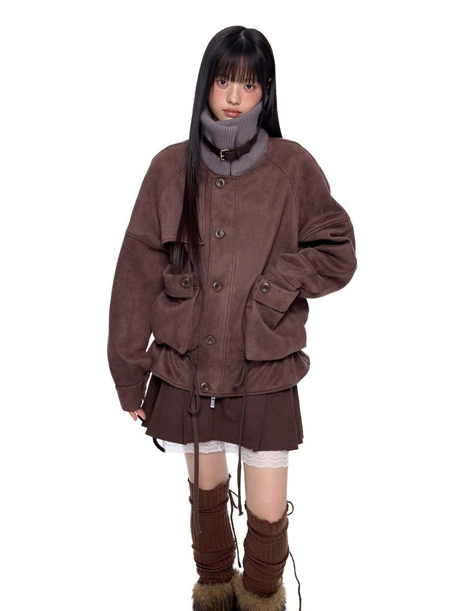 Knitted High Neck Drawstring Faux Suede Jacket EZ252