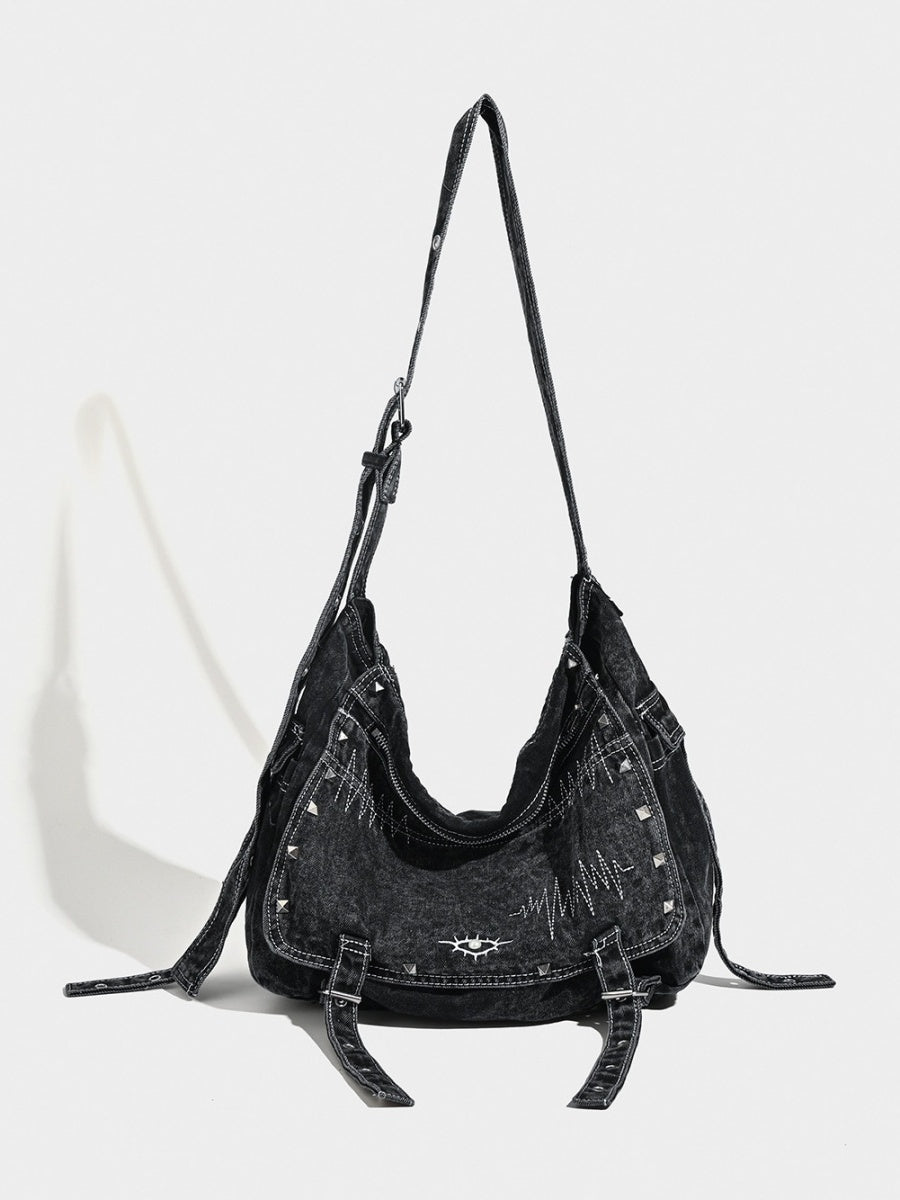Washed Denim Rivet Commuter Shoulder Bag MW10327