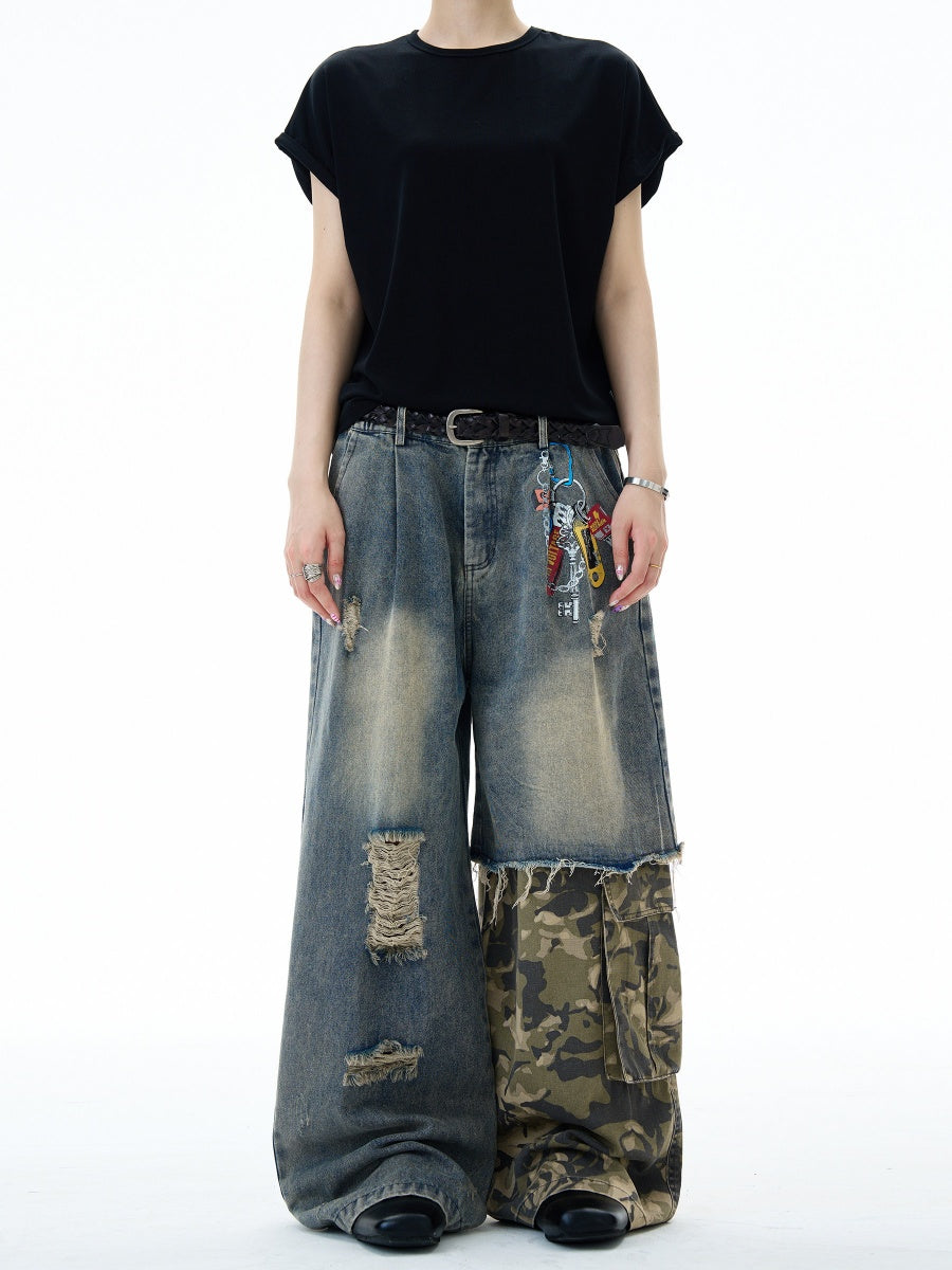 Camouflage Patchwork Loose Ripped Jeans MW10322