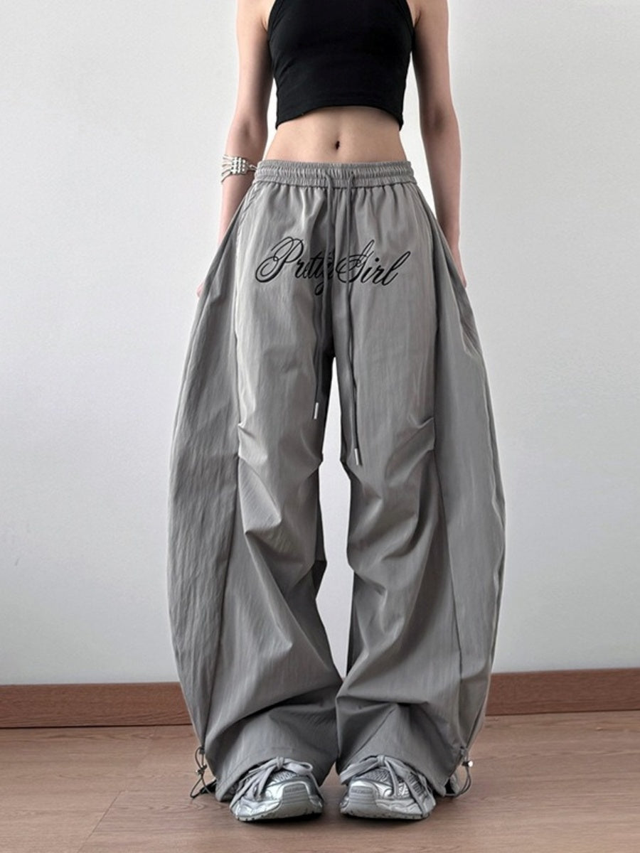 Letter Embroidery Pleated Paratrooper Curve Pants MW10169
