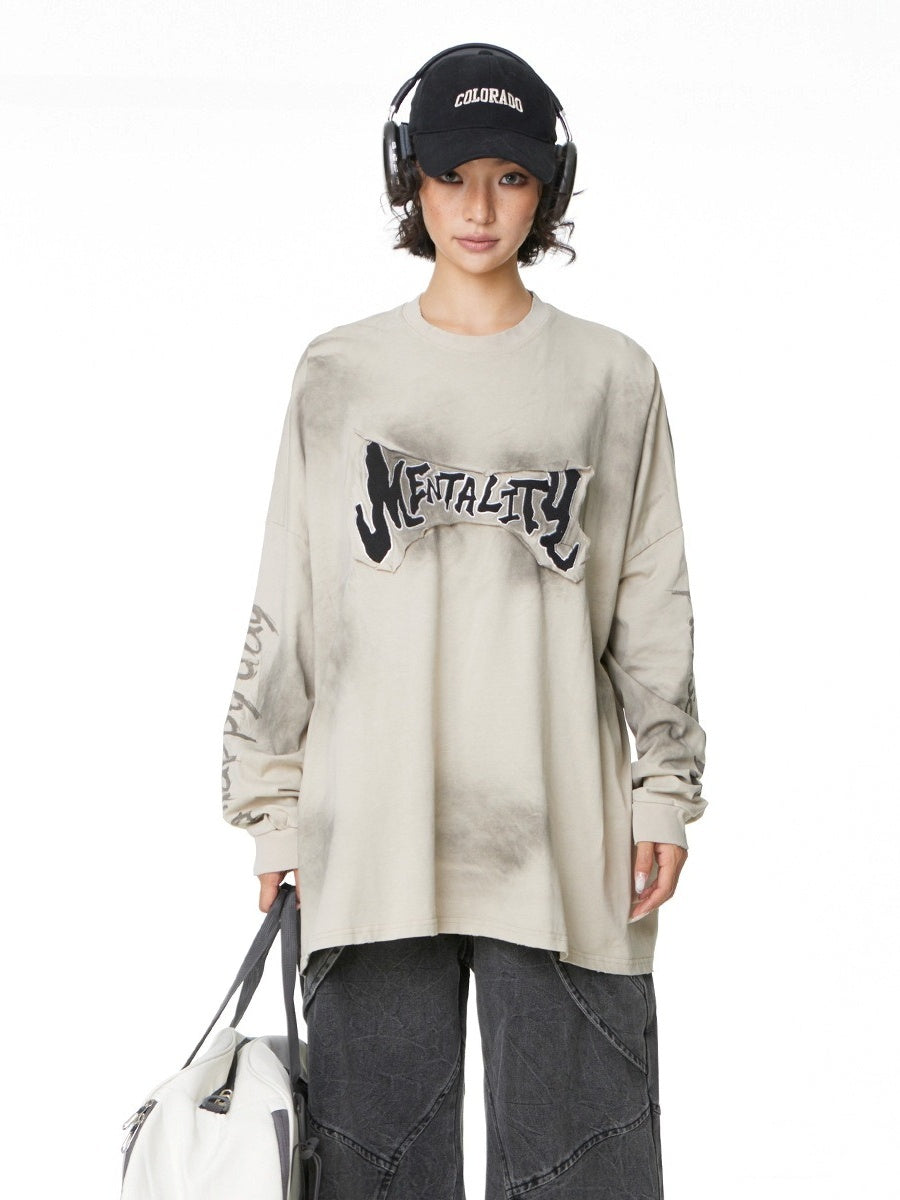 Patch Embroidered Stained Washed Long Sleeve T-shirt MW10248