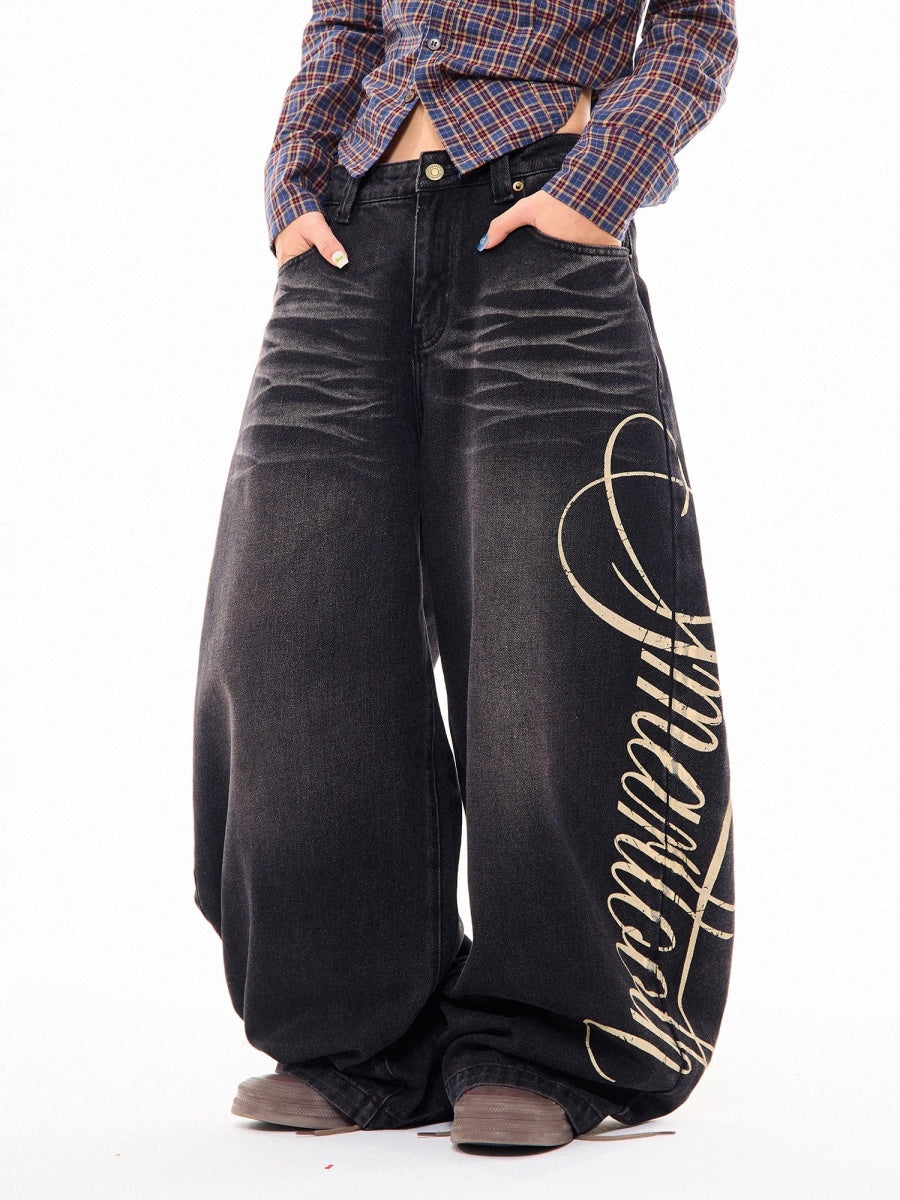 Side Print Washed Cat Whiskers Curve Jeans MW10259