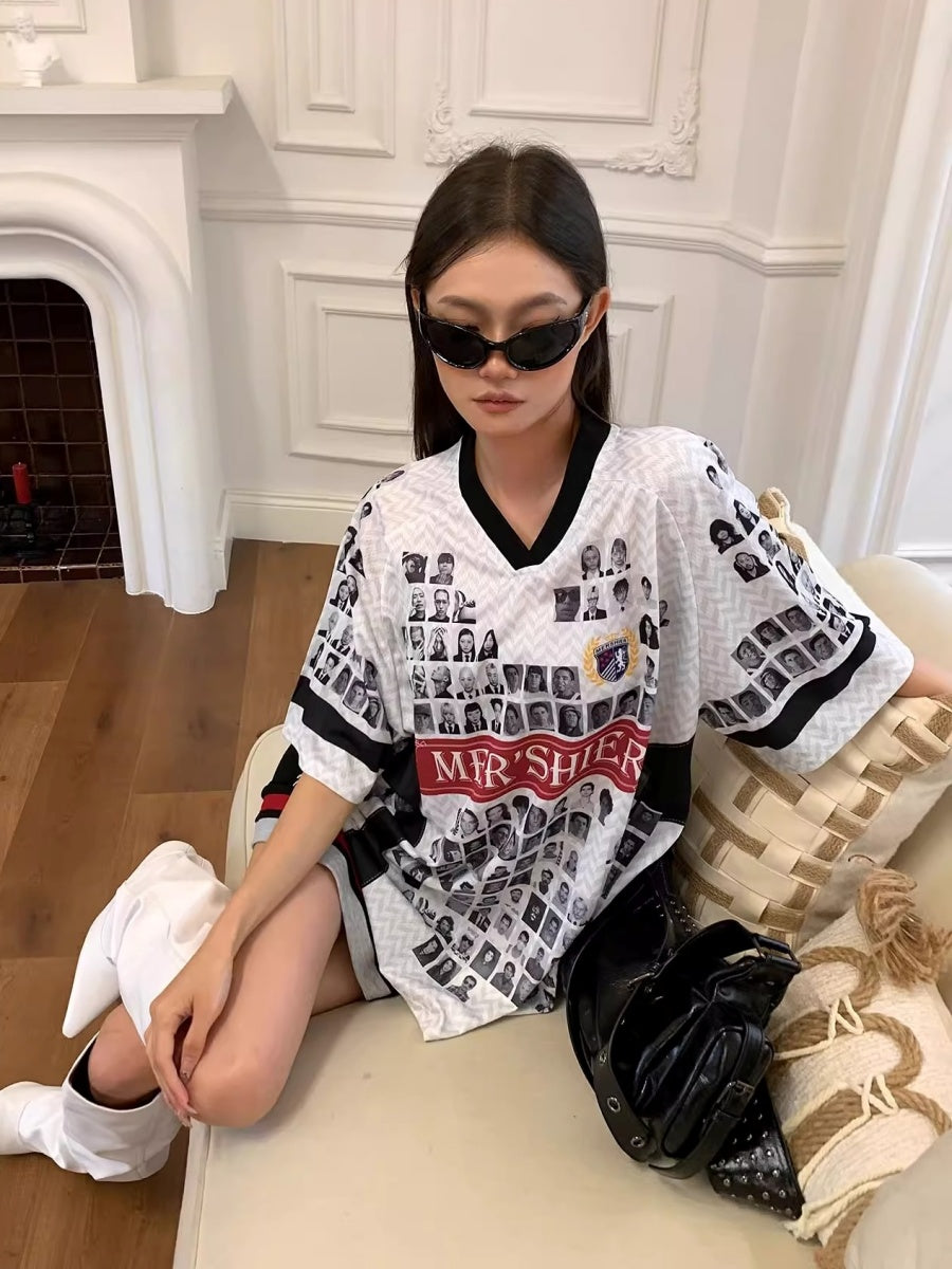 Portrait Print V-neck Loose T-shirt CC1002