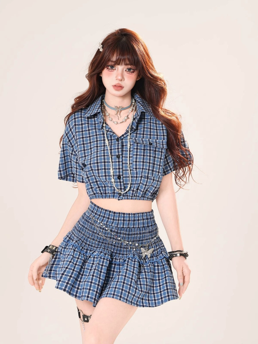 【上下別売り】Plaid Cropped Shirt & Short Skirt Set-up KK2067