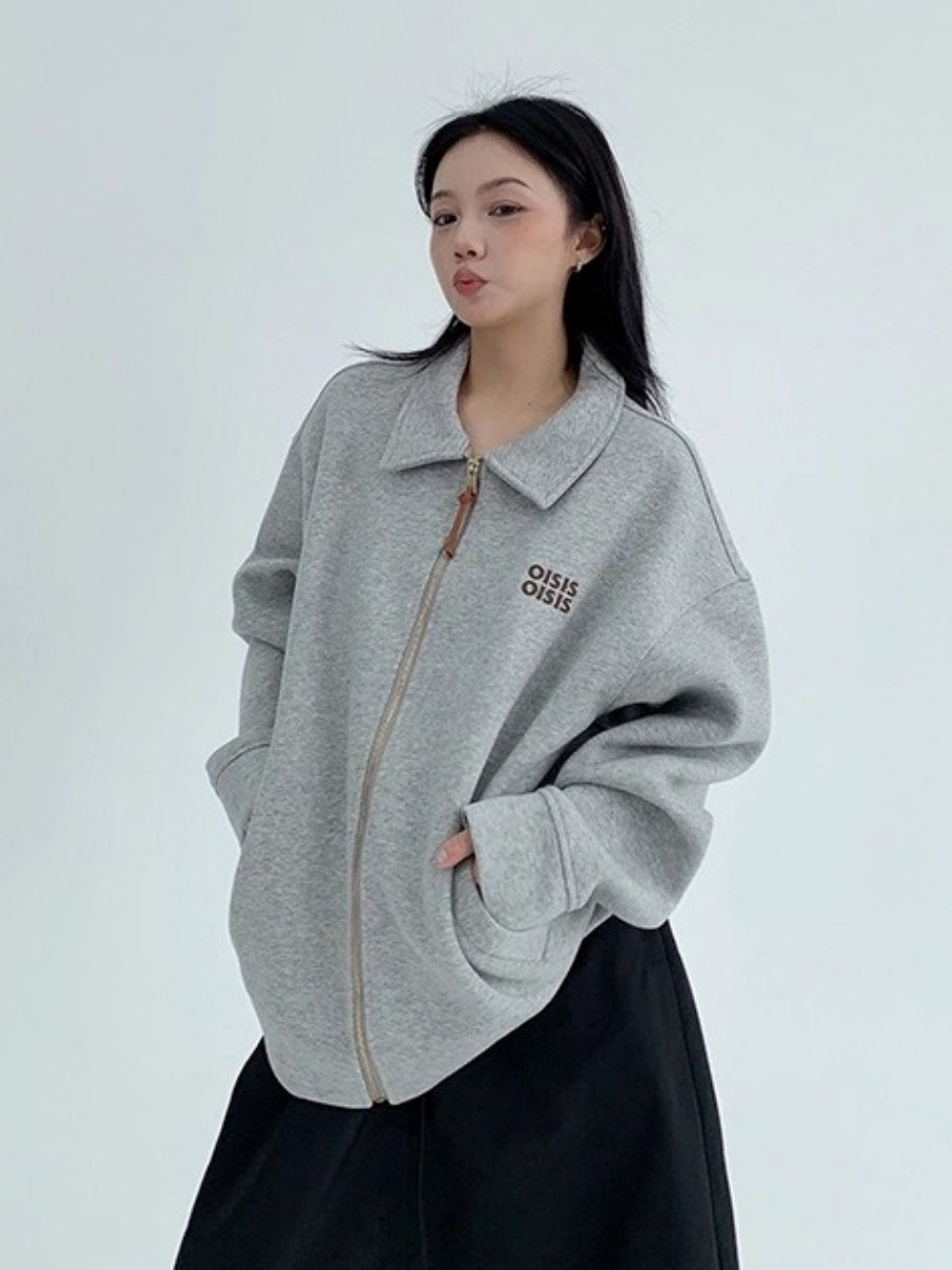 Drop Shoulder Embroidered Lapel Sweat Jacket OS2040