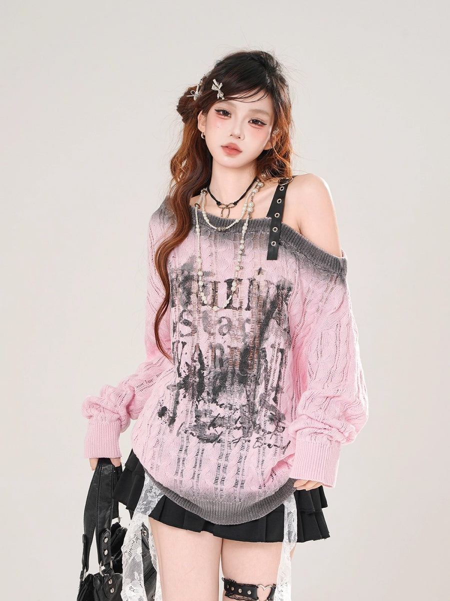 Slanted Shoulder Cut-out Sweater KK2077