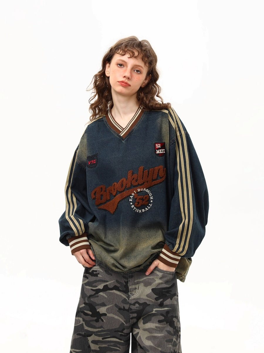 Retro Embroidery Washed Denim Sweatshirt MW10253