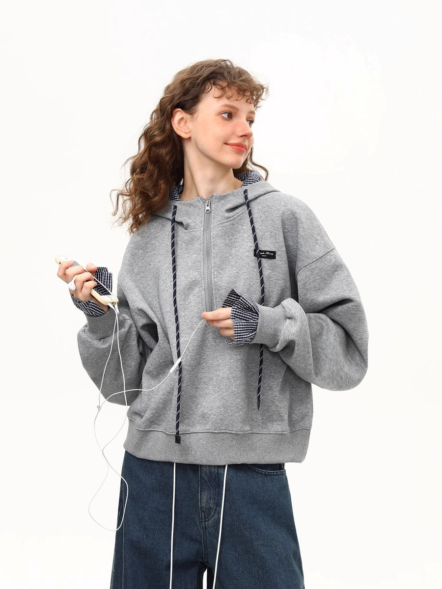 Plaid Spliced Half-zip Short Hoodie MW10263