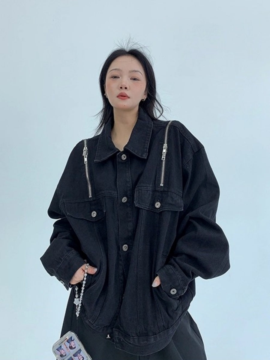 Zipper Design Loose Denim Jacket OS2029