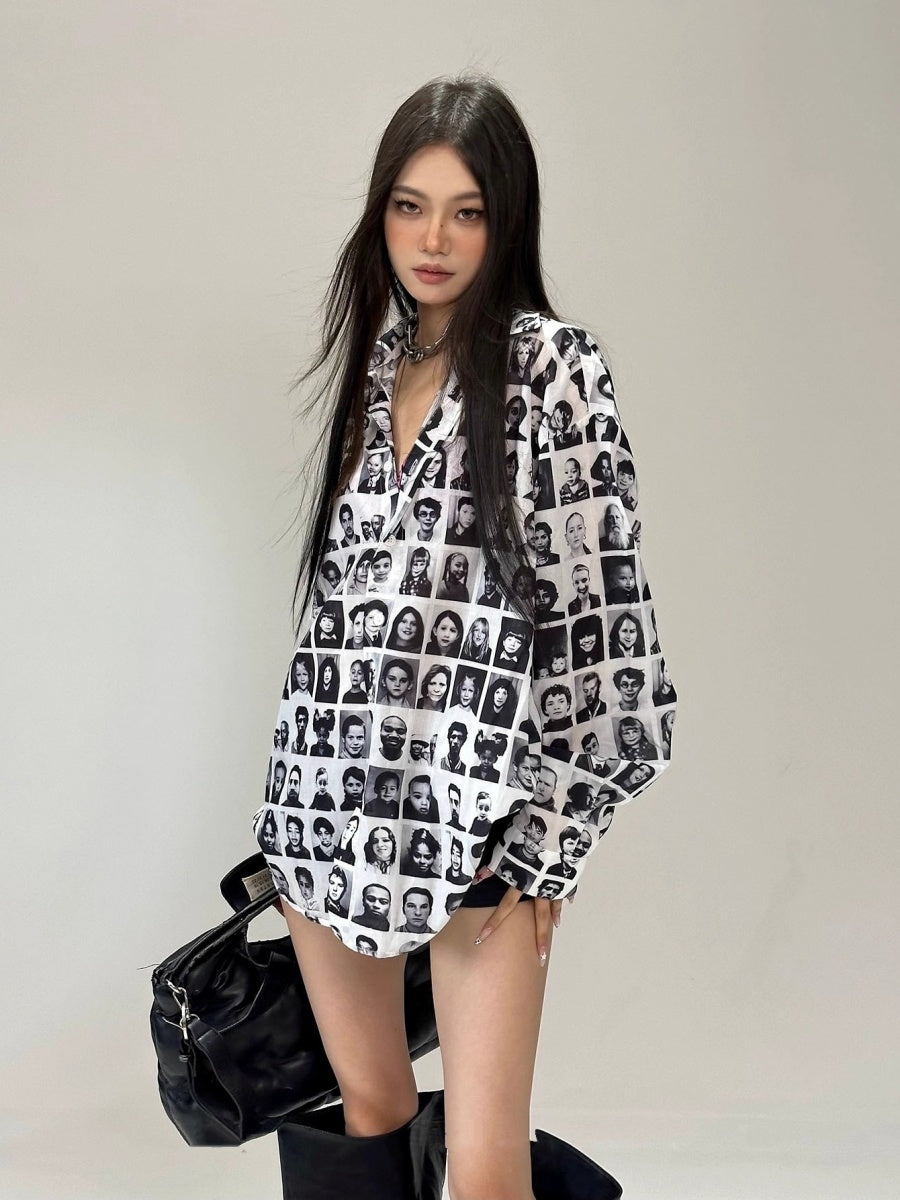 Full Of Printed Face Loose Long-sleeved Shirt CC1003
