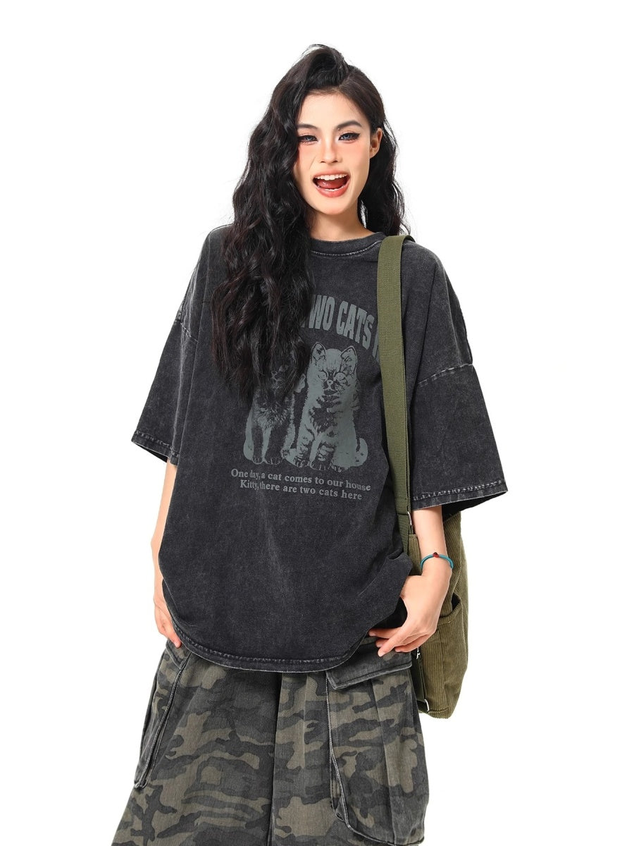 Cartoon Cat Print T-shirt MW10125