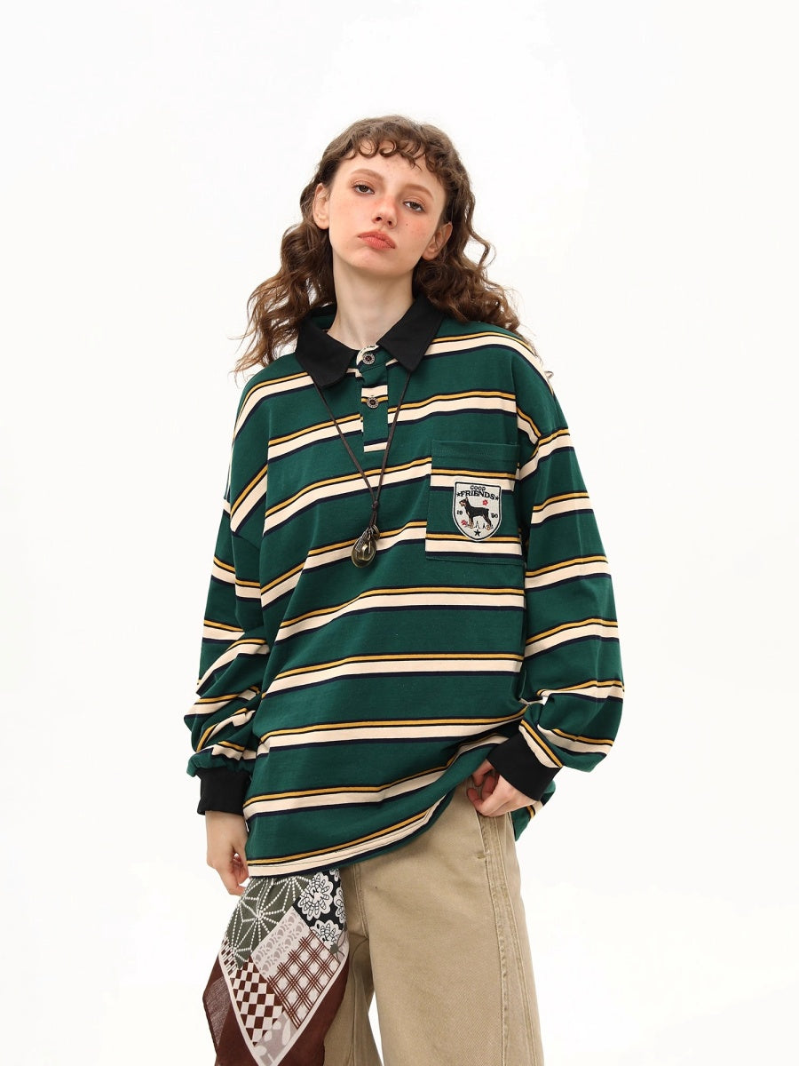 Preppy Style Border Long Sleeve Polo Shirt MW10251